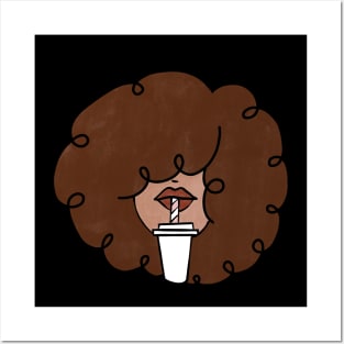 Pepette with a straw Beautiful Black Woman Drinking in a Travel Mug Cute Coffee Dates Coffee Espresso Cappuccino Latte Macchiato Coffee with Milk Cute Black Woman with Afro Hair Natural Hair Curly Hair Perfect Coffee Lover Gift for African American Posters and Art